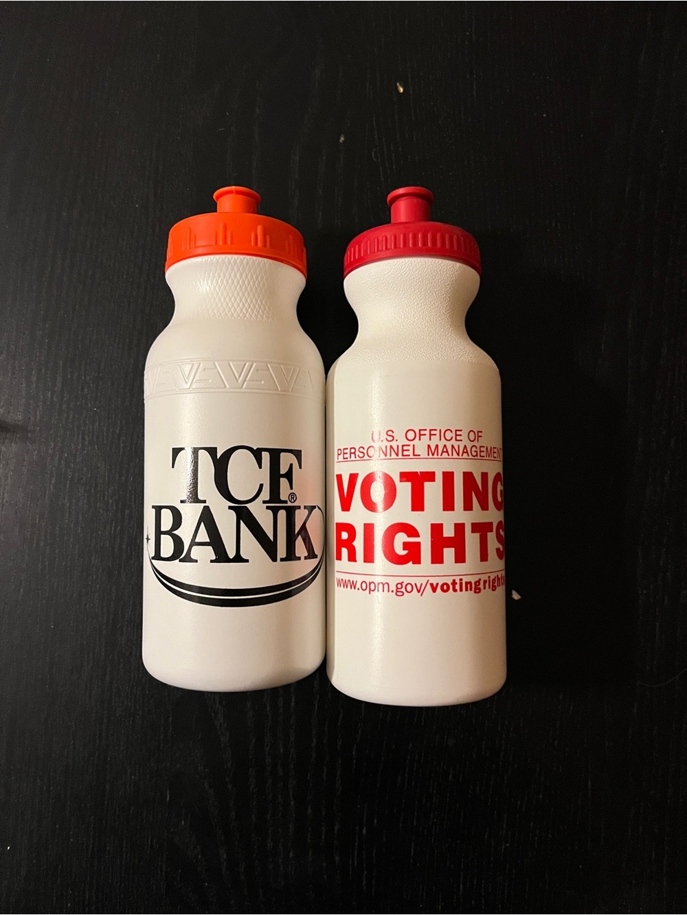 Promotional White Sports Bottle with Red and Orange Caps